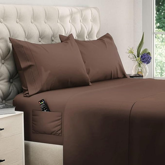 DREAMCARE King Size Sheets Set - Cooling Bed Sheets - 4pcs Set - up to 15" Deep Pocket King Sheet Set – Soft & Long Lasting Cooling - 100% Fine Brushed Microfiber with Side Pocket - Mocha Brown