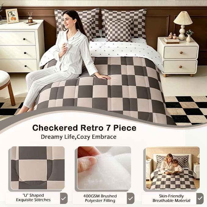 Feelyou Checkered Retro 7 Piece Bedding Set Teen Women Men Gradient Brown Plaid Comforter Set with Sheets Twin Size Kids Boys Geometric Vintage Bed in a Bag Modern Simple Groovy Aesthetic Room Decor