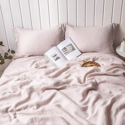 Simple&Opulence 100% Washed Linen Duvet Cover with Embroidered, 3 Pieces Soft Farmhouse Comforter Set with Button Closure,1 Duvet Cover and 2 Pillowshams (Queen,Dusty Pink)