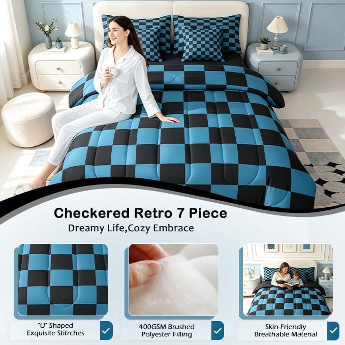 Feelyou Checkered 7 Piece Bedding Set Teen Blue Black Plaid Comforter Set with Sheets Queen Size Kids Boys Cute Retro Neutral Checkerboard Geometric Bed in a Bag Vintage Aesthetic Room Decor
