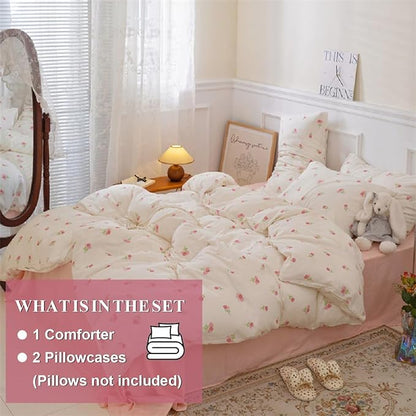 Floral Comforter Set Full Size - 3 Pieces Pink White Floral Comforter Bedding Sets Tulips Pattern,Full Bed in a Bag with Heart Comforter and 2 Pillowcases
