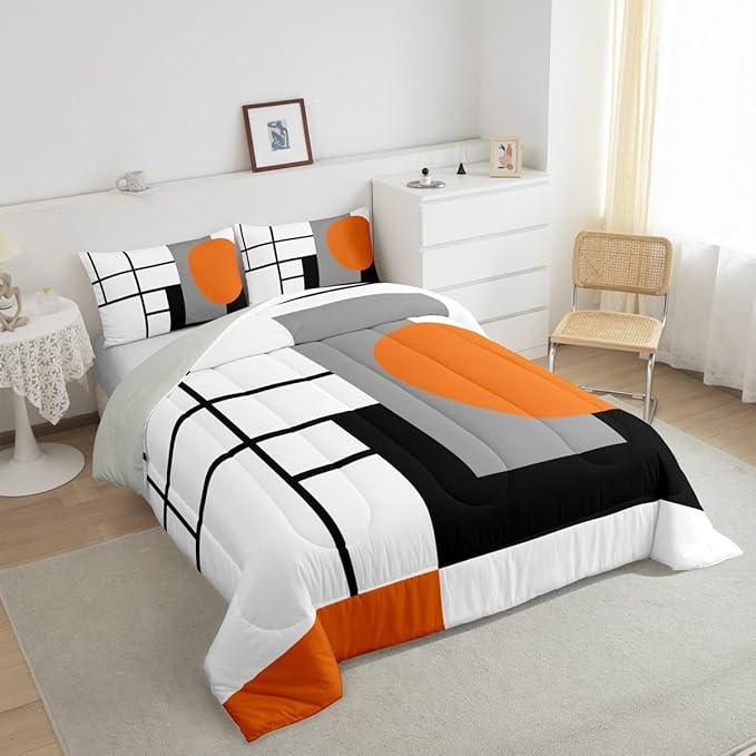 Erosebridal White Black Orange Striped Bedding Set Full Size Boho Modern Geometric Abstract Comforter Set for Adult Women Men Stripes Lines Bed Sets Minimalist Square and Circle Quilt Sets