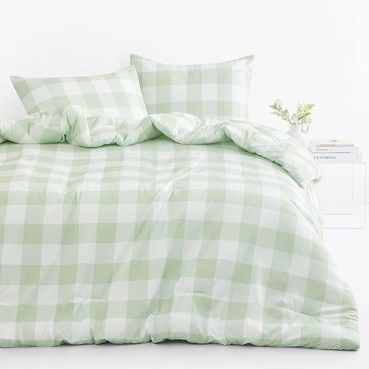 Wake In Cloud - Gingham Comforter Set, Plaid Buffalo Check Checkered Cottagecore Cute Geometric, Soft Lightweight Bedding, 3 Pieces, Sage Green, Queen Size