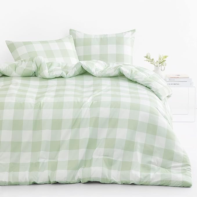 Wake In Cloud - Gingham Comforter Set, Plaid Buffalo Check Checkered Cottagecore Cute Geometric, Soft Lightweight Bedding, 3 Pieces, Sage Green, Full Size