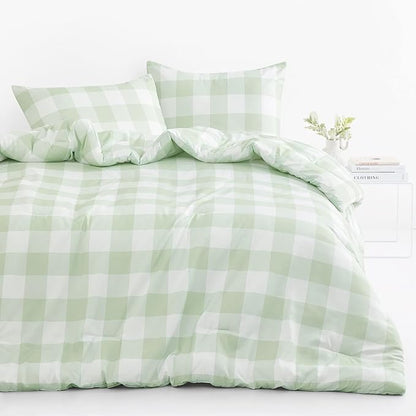 Wake In Cloud - Gingham Comforter Set, Plaid Buffalo Check Checkered Cottagecore Cute Geometric, Soft Lightweight Bedding, 3 Pieces, Sage Green, Full Size