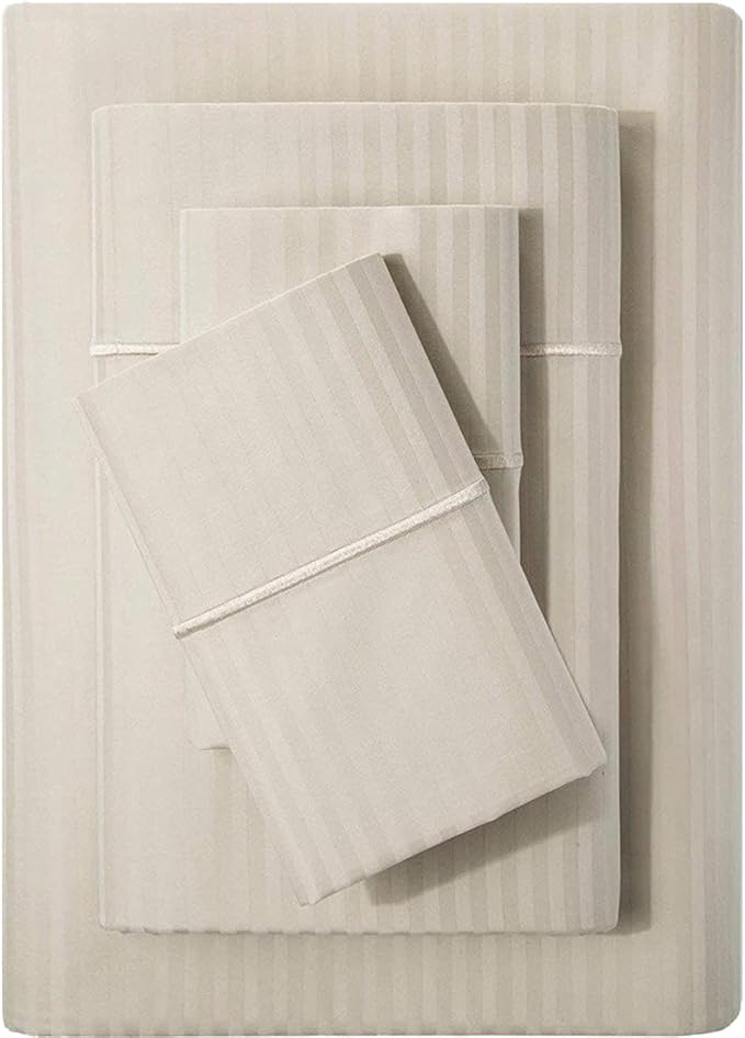 Feather & Stitch 500 TC Full Size Damask Bed Sheet Set, 100% Cotton Soft Breathable Bedsheets, 4 Piece 18" Deep Pockets Sateen Weave Striped Bedding Mattress Resort Hotel Luxury- (Beige Stripe)