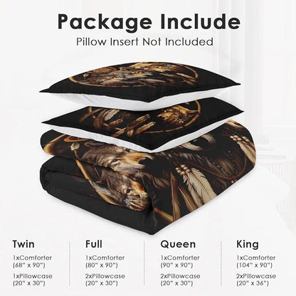 Full Size Comforter Set with 2 Pillowcases, Black Tribal Three Wolf 3 Pcs Bedding for Kids and Adults, American Boho Feather Dreamcatcher Soft Comforter Set for Bedroom Bed Decor