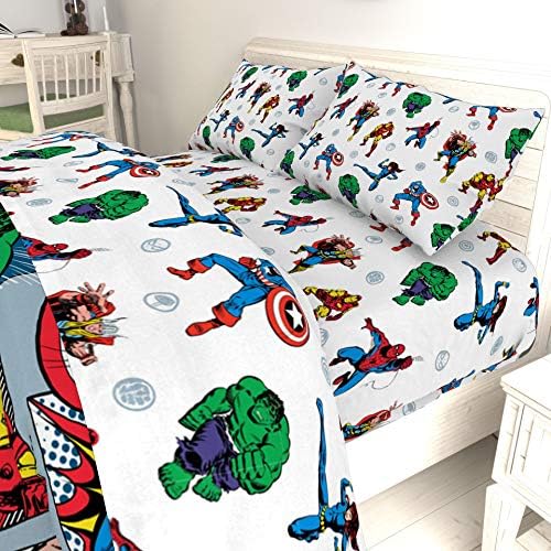 Jay Franco Kids Sheet Set with Fitted, Flat Sheets & Pillow Cover - Ultra-Soft Bedding with Pillowcase for Room Decor, White - Avengers, 4 Piece Queen