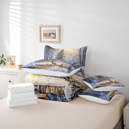 Winter Jungle Elk Deer Comforter Set Bed in a Bag 7 Pieces King,Merry Christmas Theme Bedding Set,Vintage Farmhouse Style (Comforter+Fitted+Flat Sheet+2 Pillowcases+2 Throw Pillow Covers)