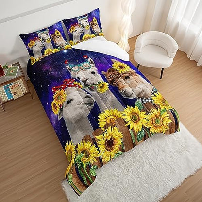 HOSIMA Funny Llama Comforter Set,Alpacas Bedding Sets Animal Theme Room Decor.Soft Microfiber Star Galaxy Sunflower Bed in a Bag King Size Comforter Set for Boys Girls Teens Dorm Room Essentials.