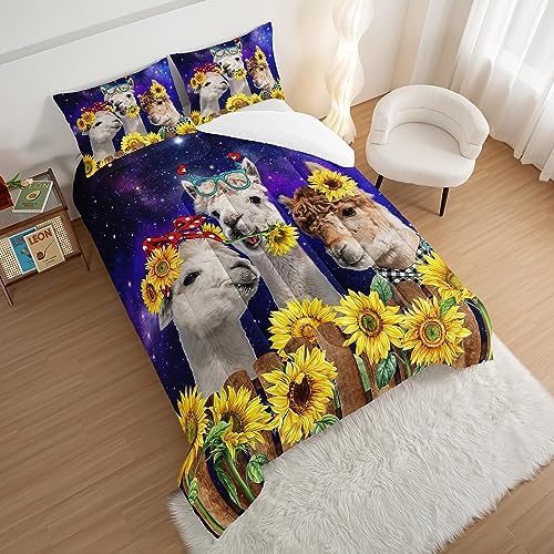 HOSIMA Funny Llama Comforter Set,Alpacas Bedding Sets Animal Theme Room Decor.Soft Microfiber Star Galaxy Sunflower Bed in a Bag Queen Comforter Set for Boys Girls Teens Dorm Room Essentials.