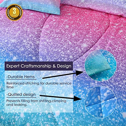 JQinHome Glitter Comforter Set Queen Size, 6 Piece Bed in A Bag 3D Colorful Duvet Pink Blue Bedding Set for Girls Women (1 Comforter,2 Pillowcases,1 Flat Sheet,1 Fitted Sheet,1 Cushion Cover)
