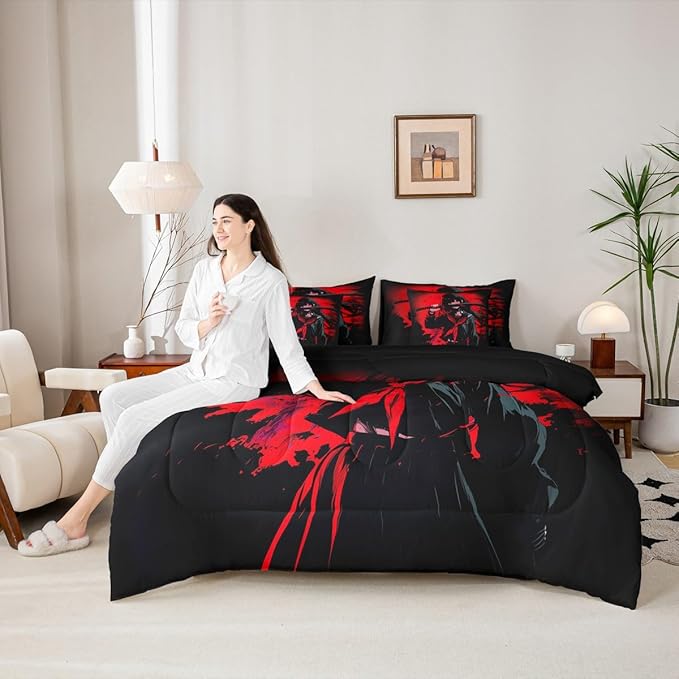Erosebridal Japanese Anime Bedding Set 7 Piece for Kids, Anime Girl Comforter Sets Twin Size Japanese Girl Sheet Set for Girls Teens Adult, Kawaii Animation Red Black Bed in A Bag, Machine Washable
