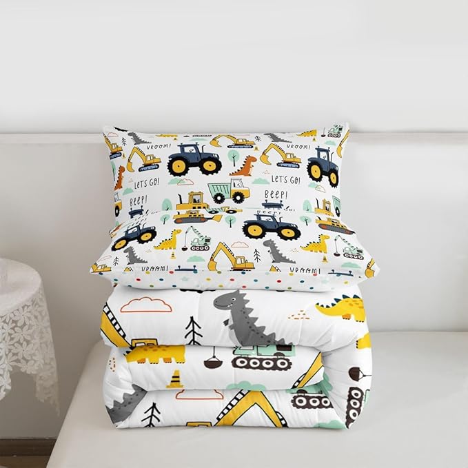 Kids Excavator Comforter Set Full, Cartoon Equipment Trucks Bedding for Boys Girls Children, Dinosaur Duvet Insert, Yellow Blue Construction Vehicle Down Comforter, Tractor Quilt Set Bedroom Decor