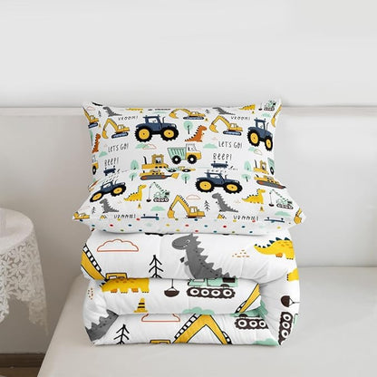 Cartoon Car Kids Comforter Set King, Excavator Tractor Bedding Set for Child Teens, Dinosaur Comforter Equipment Truck Quilted Duvet, Heavy Machinery Construction Bedding Comforter with 2 Pillowcases