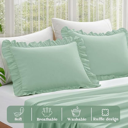 KKJIAF Ruffle Pillow Cases Queen Size Set of 2, Ruffled Pillow Covers with Envelope Closure, Wrinkle Resistant Pillowcases 20" x 30", Sage Green