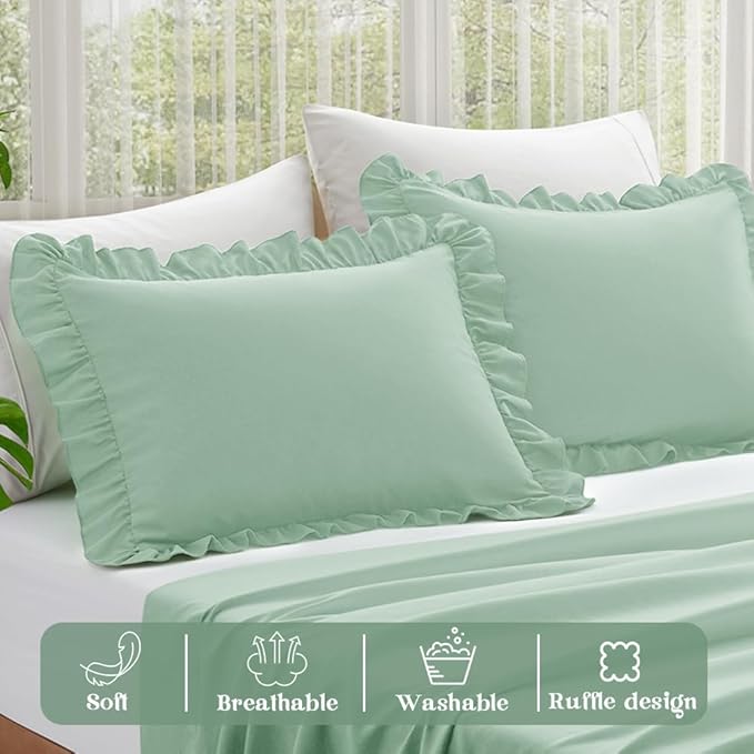 KKJIAF Ruffle Pillow Cases King Size Set of 2, Ruffled Pillow Covers with Envelope Closure, Wrinkle Resistant Pillowcases 20" x 36", Ruffled Pillow Shams, Sage Green