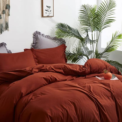 CLOTHKNOW Burnt Orange Queen Comforter Set Ruffle Bedding Sets Soft Shabby Chic Comforter Vintage Rustic Soft with 2 x Pillowcases