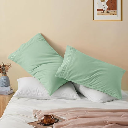 Vonty 2 Pack Queen Pillow Cases - 20x30 Inch, 1800 Thread Count Microfiber Pillowcases Queen Size Sage Green Pillow Cases Luxury & Soft Embroidered Bed Pillow Covers with Envelope Closure