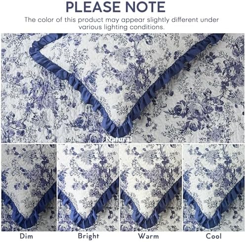 Wonderful Blue Floral Ruffle Quilt Set Queen Size, 3 Pieces Botanical Cotton Face Shabby Chic Cottagecore Bedspread Coverlet, Breathable Bedding Set for All Season, 90"x90"