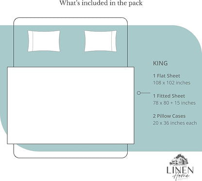 Linen Home 100% Cotton Percale Sheets King Size, Aqua Blue, Deep Pocket, 4 Pieces Set - 1 Flat, 1 Deep Pocket Fitted Sheet and 2 Pillowcases, Crisp Cool and Strong Bed Linen