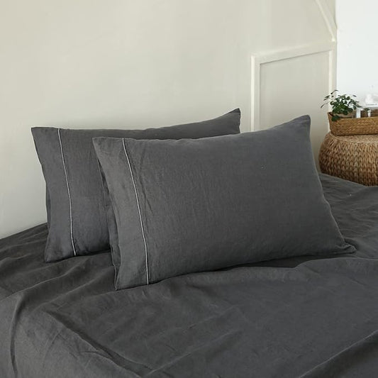 Simple&Opulence 100% French Linen Pillowcase King Size-Set of 2- Washed Solid Color Pillow Cases Embroidered -Soft and Durable (Dark Grey, 20''x40'')
