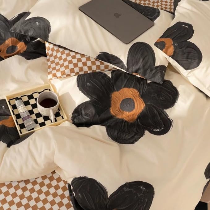 TRP 3-Piece Soft Durable Double Brushed Microfiber Floral Comforter Set Queen Size | Reversible Gingham Pattern Botanical Motifs Cute Bedding Cream Black Brown Colors | Smooth Texture Cozy Plush Feel