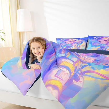 Erosebridal Watercolor Anime Girl Bedding, 3D Anime Comforter Set Cosmo Galaxy Sci-Fi Virtual Reality Queen Bed Comforter Set for Boys Girls Graffti Stars Print Duvet Insert