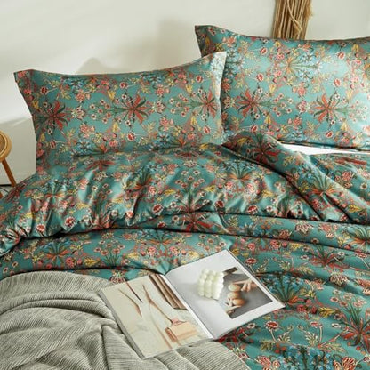 LifeTB Boho Floral Comforter Set Twin XL Vintage Flowers Plants Botanical Comforter 3 Pieces Cottagecore Bedding Set Soft Fluffy Lightweight Farmhouse Bed Set with 2 Pillowcases for All Seasons