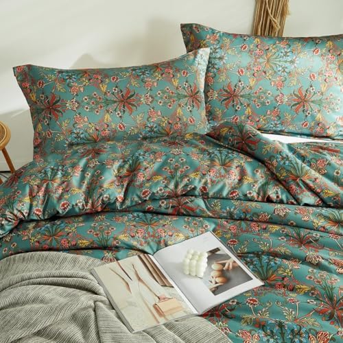 Vintage Floral Comforter Set King 3 Pieces Boho Bedding Comforter Chic Botanical Flower Comforter with 2 Pillowcases Fluffy Soft Famhouse Bedding Set Aesthetic Floral Boho King Size Comforter Set