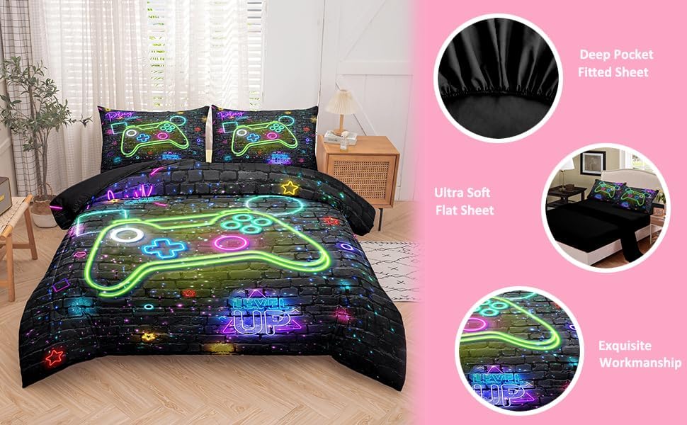 MWMWMW 5 Piece Gaming Comforter Sets for Boys, Boys Queen Size Bedding Sets, Gamer Bedding Set for Kids Girls with 1 Flat Sheet, 1 Fitted Sheet, 2 Pillowcases and 1 Comforter