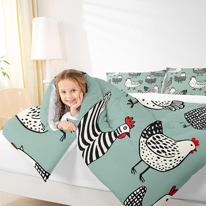 Erosebridal Chicken Comforter, Cartoon Chick Bedding Set, Cute Farmhouse Animal Down Comforter Twin Size, Teal Black Quilted Duvet Lightweight Bedroom Decor for Kids Boys Girls, 1 Pillow Case