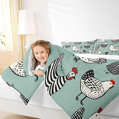 Erosebridal Chicken Comforter, Cartoon Chick Bedding Set, Cute Farmhouse Animal Down Comforter Twin Size, Teal Black Quilted Duvet Lightweight Bedroom Decor for Kids Boys Girls, 1 Pillow Case