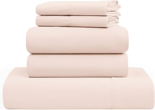 UGG Hedi Split King Sheet Set 5-Piece Luxury Cooling Sheets Deep Pockets Premium Bedding with 2 Shams Hypoallergenic Machine Washable Soft Lightweight Set for Adjustable Bed, Split King, Shell Pink