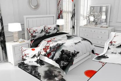 Feelyou Japanese Ukiyoe Theme Bedding Set Toddle Size Cherry Blossom Duvet Cover for Adult Kids Boys Girls Watercolor Comforter Cover Set Natural Landscape Bedspread Cover 2Pcs Zipper
