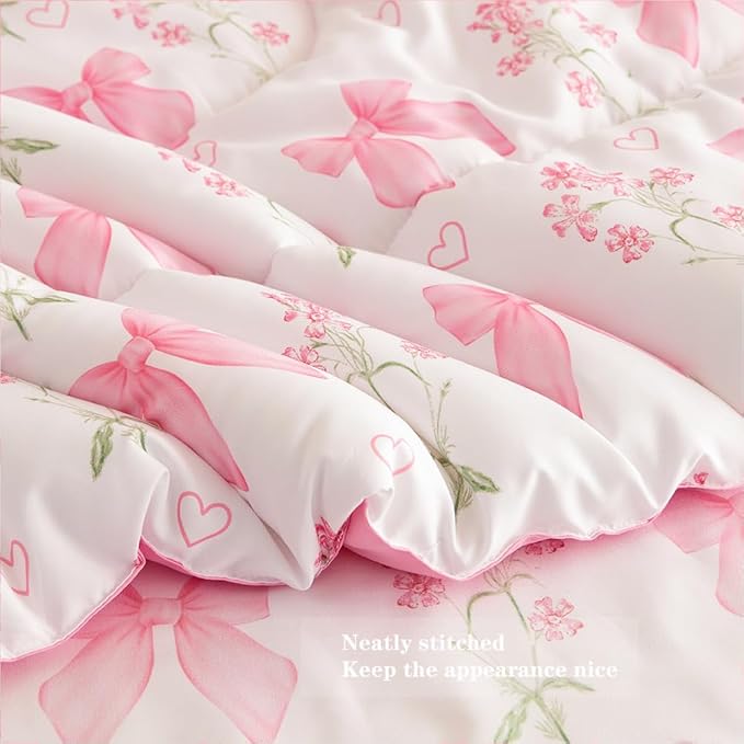 Pink Bow Comforter Set Twin Size Pink Floral Comforter for Girls Kids Romantic Princess Style Bowknot Bedding Set Ultra Soft Reversible Garden Flower Comforter Sets with 1 Pillowcase 2Pcs
