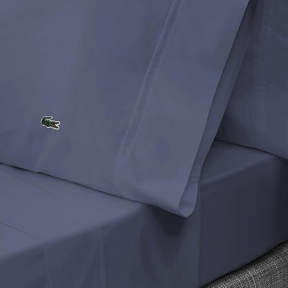 Lacoste 100% Cotton Percale 4-Piece Sheet Set – Cool, Crisp, Matte, and Durable, Oeko-Tex Certified – Solid, Vintage Indigo, Full