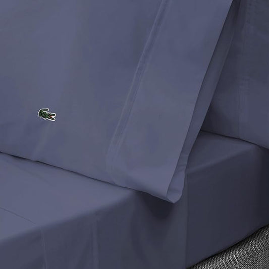 Lacoste 100% Cotton Percale 4-Piece Sheet Set – Cool, Crisp, Matte, and Durable, Oeko-Tex Certified – Solid, Vintage Indigo, California King