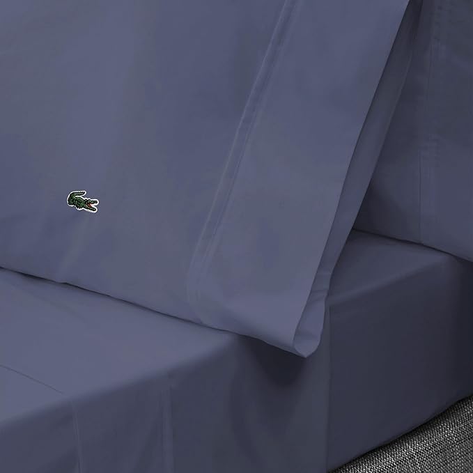 Lacoste 100% Cotton Percale 4-Piece Sheet Set – Cool, Crisp, Matte, and Durable, Oeko-Tex Certified – Solid, Vintage Indigo, Queen