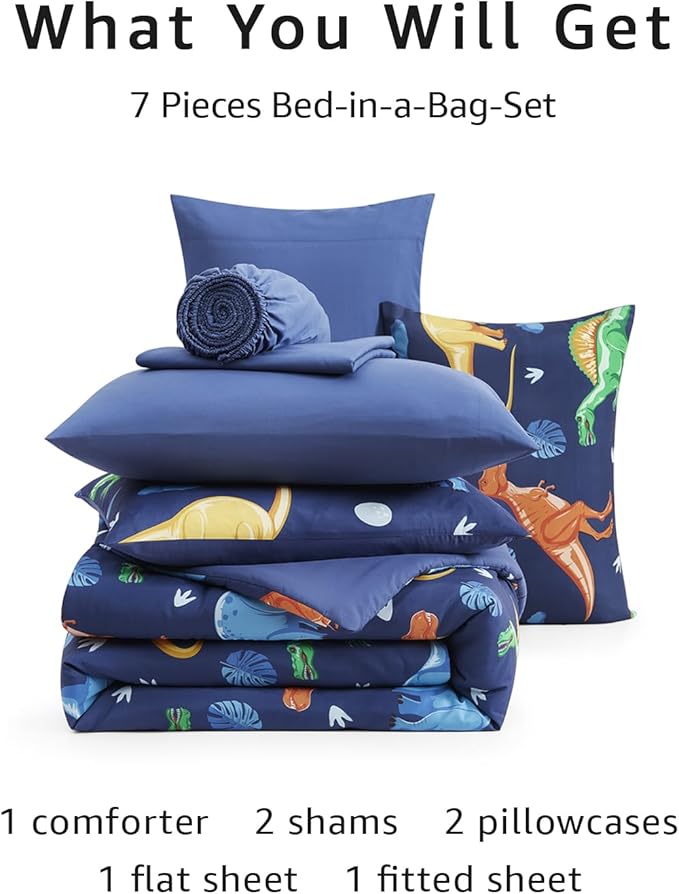 Full Size Comforter Set for Boys-7 Pieces Navy Dinosaur Full Bedding Sets for Kids, Ultra Soft Bed in A Bag with Sheets