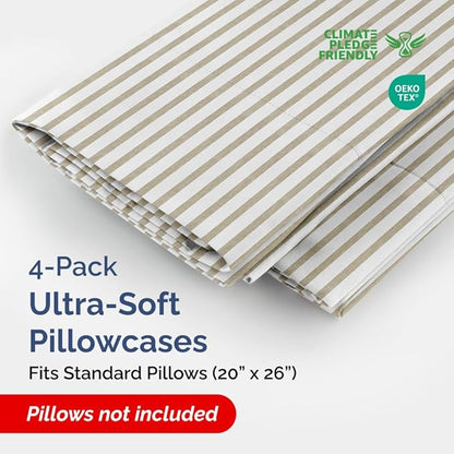 Standard Pillow Cases Set of 4 - Soft Hotel Quality Pillowcase Covers - Comfy, Cozy Bedding for Women, Men, Kids & Teens - Machine Washable Pillow Protectors - 4 Piece - Standard Size Beige Stripes