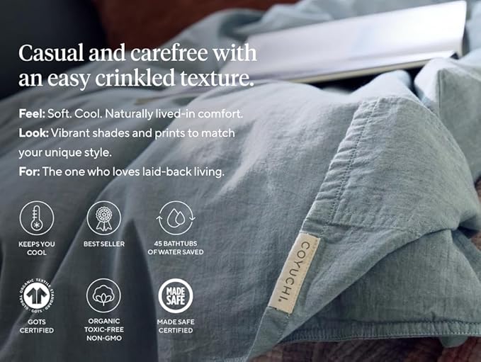 Coyuchi Crinkled Percale Pillowcase Set of 2 – 100% GOTS Certified Organic Cotton, Soft & Cool Standard Pillowcases, Breathable Medium Weight Cotton (Undyed)