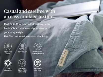 Coyuchi Crinkled Percale Pillowcase Set of 2 – 100% GOTS Certified Organic Cotton, Soft & Cool Standard Pillowcases, Breathable Medium Weight Cotton (Hazel Chambray)