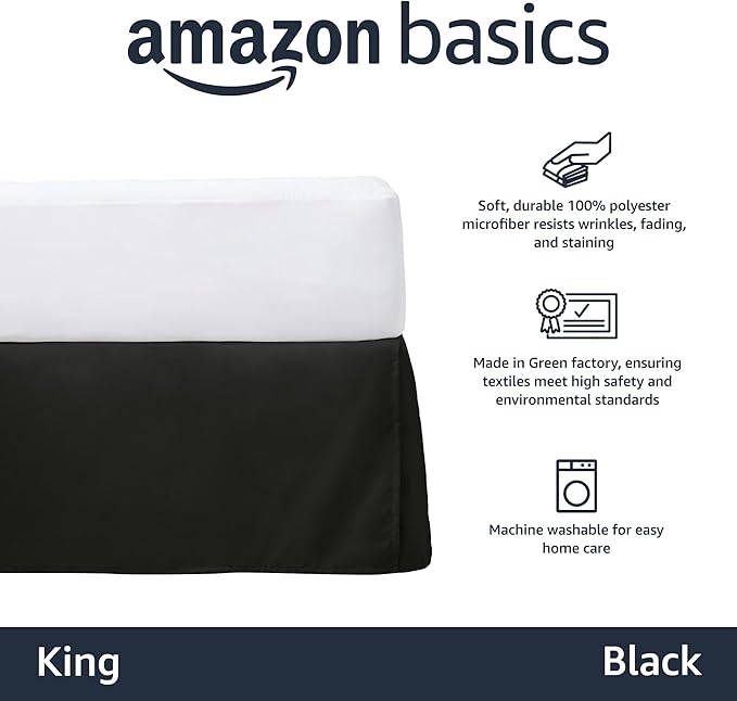 Amazon Basics Lightweight Pleated Bed Skirt, Machine Washable, Wrinkle and Fade Resistant, King, Black