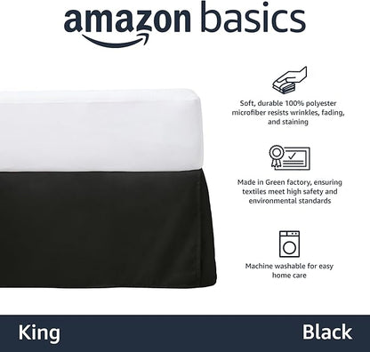 Amazon Basics Lightweight Pleated Bed Skirt, Machine Washable, Wrinkle and Fade Resistant, King, Black