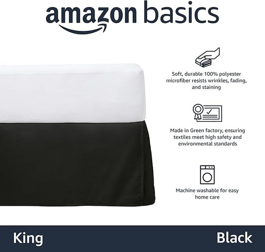 Amazon Basics Lightweight Pleated Bed Skirt, Machine Washable, Wrinkle and Fade Resistant, King, Black