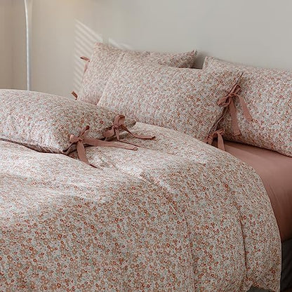 mixinni Girls Bedding Duvet Cover Twin Size Vintage Style Pink Small Floral Print Duvet Cover Set Soft Cotton 1 Duvet Cover with 2 Bow Ties Pillowcases-Easy Care, Soft and Durable