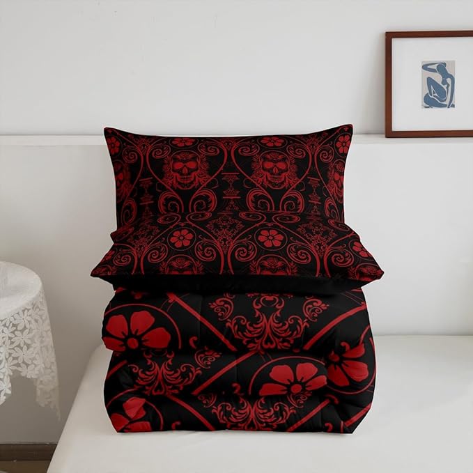 Feelyou Adults Red Vintage Damask Floral Comforter Set Oriental Antique Comforter Full Size Exotic Sugar Skull Rose Bedding Set Gothic Bohemia Boho Duvet Set Quilt Set 3Pcs