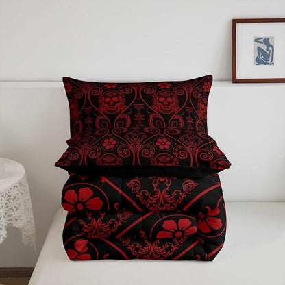 Feelyou Adults Red Vintage Damask Floral Comforter Set Oriental Antique Comforter Twin Size Exotic Sugar Skull Rose Bedding Set Gothic Bohemia Boho Duvet Set Quilt Set 2Pcs