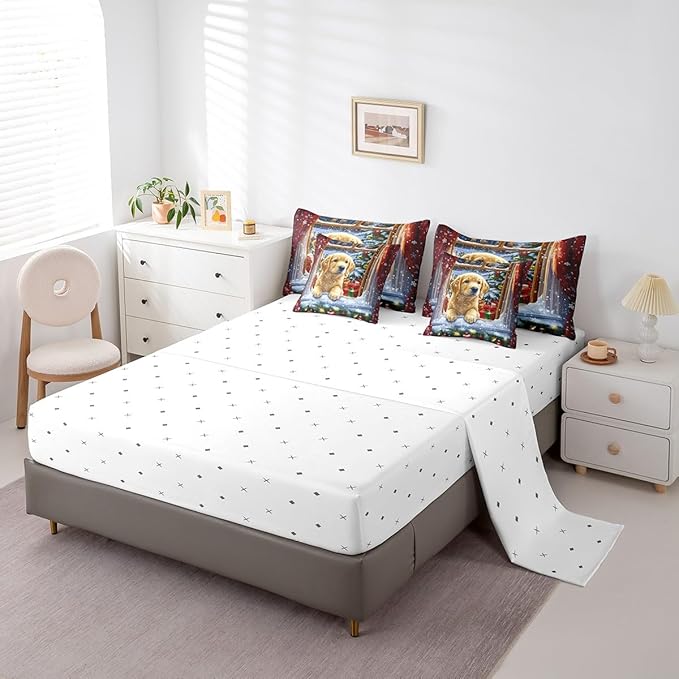 Castle Fairy Cute Dog Puppy 7 Pieces Bedding Set Queen Bed in a Bag,Watercolor Christmas Trees Bell Comforter Set,Kids Happy New Year Gifts Soft Warm Microfiber Bedding